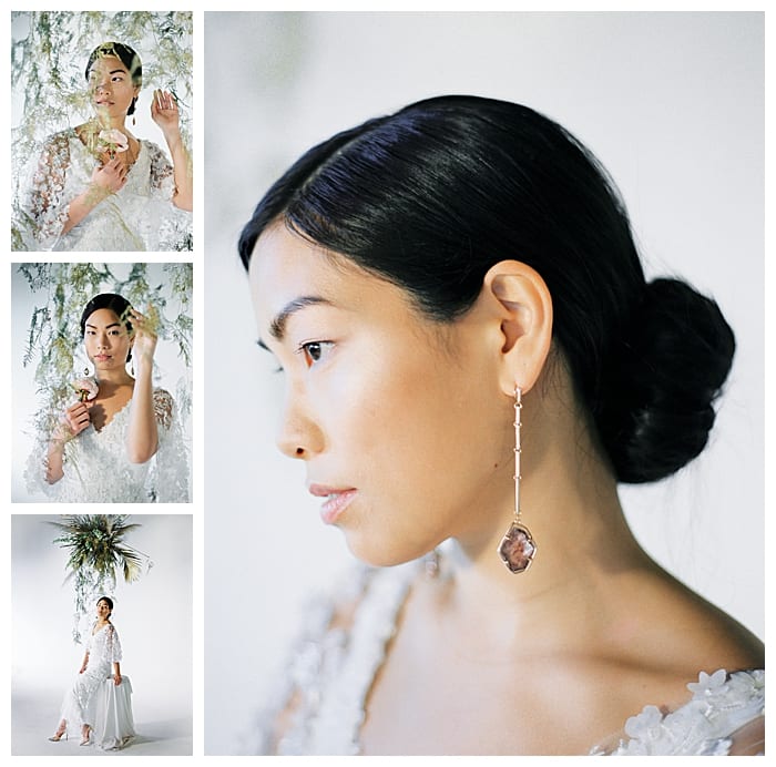 bridal fashion inspiration and classic hair trend for 2020 featuring Tadashi Soji and Kendra Scott drop earrings with florals by French Market Flowers