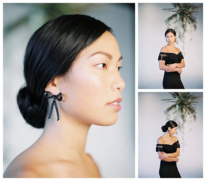Unconventional bridal look featuring Adian Mattox and Oscar de la Renta earrings on a gorgeous backdrop at Ambient Studios with French Market Flowers