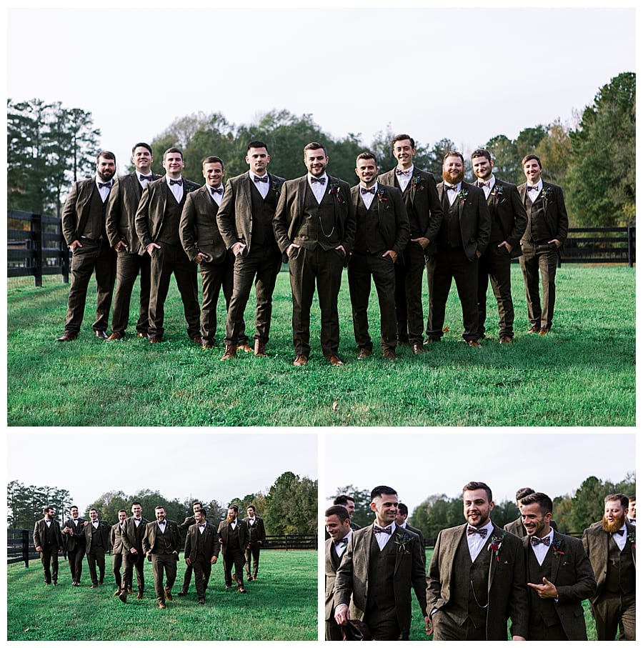 Dapper 1920's inspired groomsmen photos wearing brown leather boots and twill suits at Cherry Hollow Farm