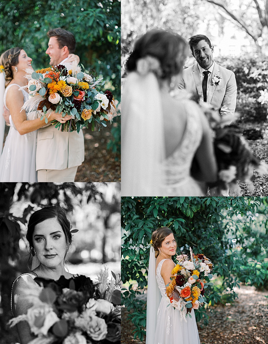 Colorful bridal bouquet and sweet moment between bride and groom for first look. 
