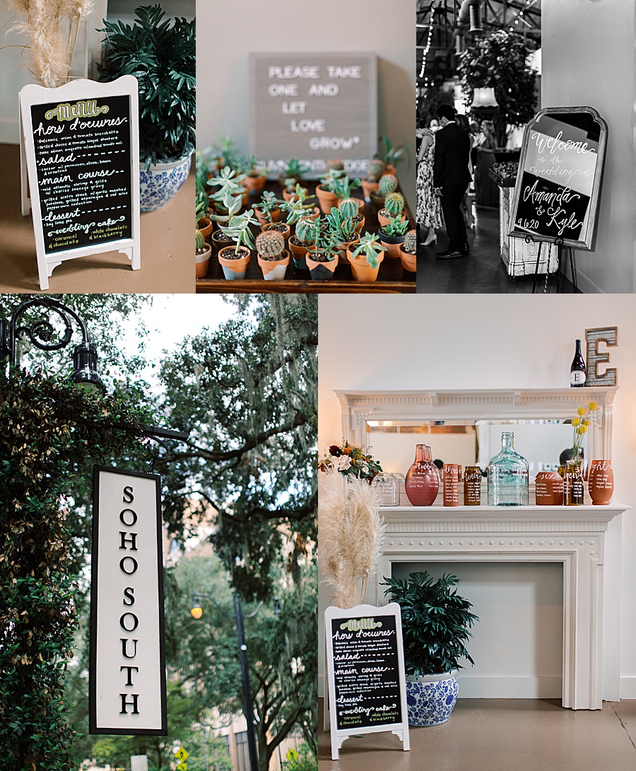 Soho south Cafe wedding reception details post-ceremony with chalk board menu and succulent guest gifts.