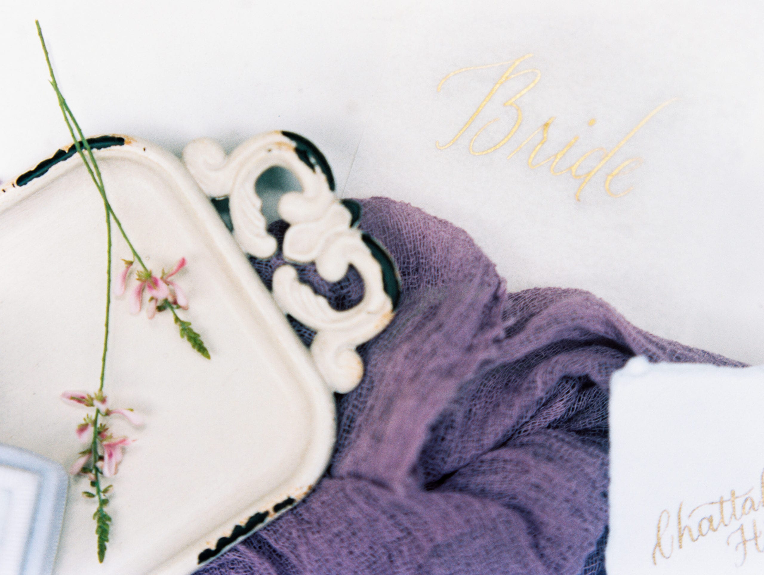 Wedding details by fine art film photographer J.J. Au'Clair, styled by G&A weddings and the prissy plate company.