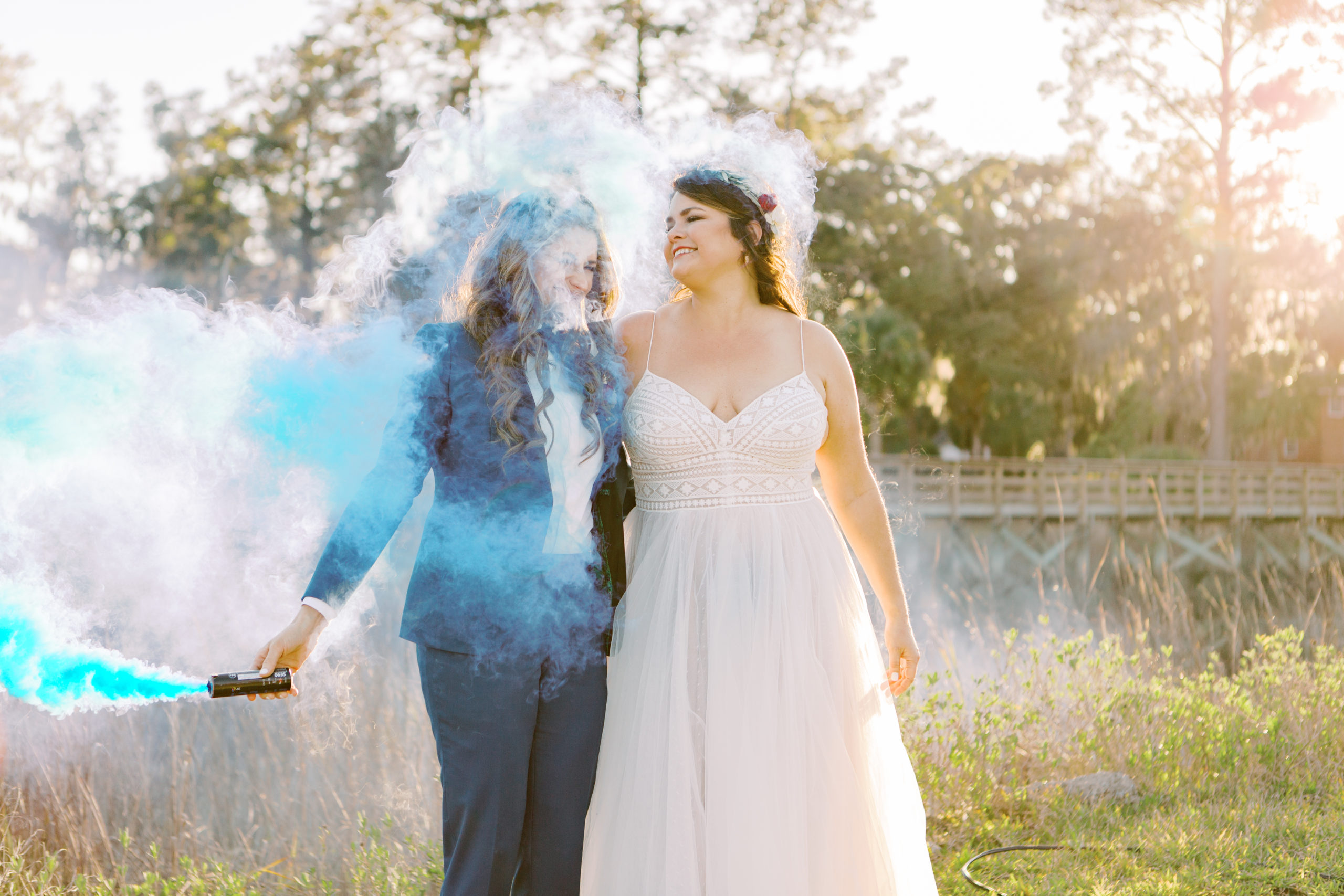 LGBTQ smoke bomb couple photos for destination wedding in Savannah bu J.J. Au'Clair