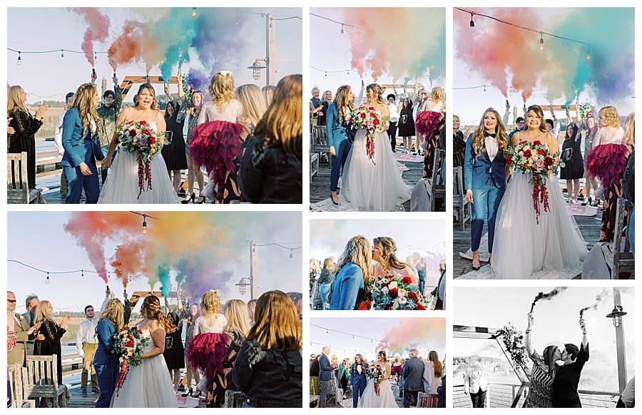 Gorgeous outdoor smoke bomb ceremony exit for LGBTQ wedding on the dock of coastal savannah.