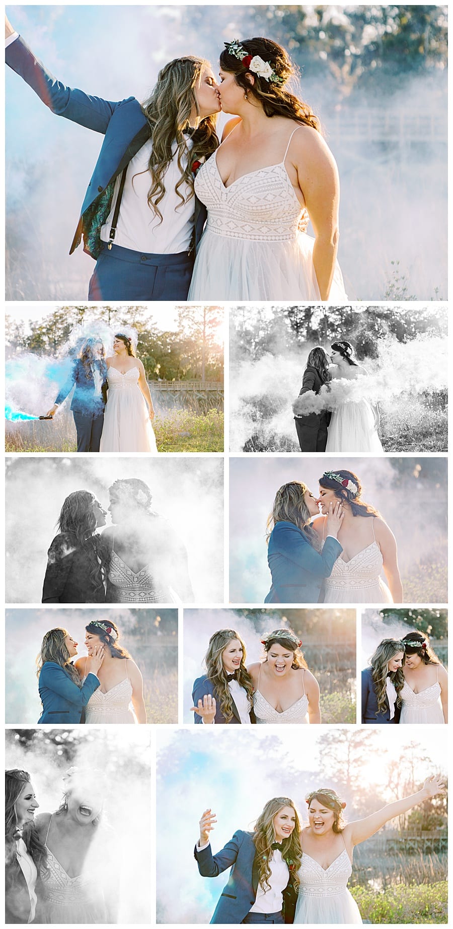 Fun LGBTQ couple portraits with smoke bombs after the wedding ceremony!