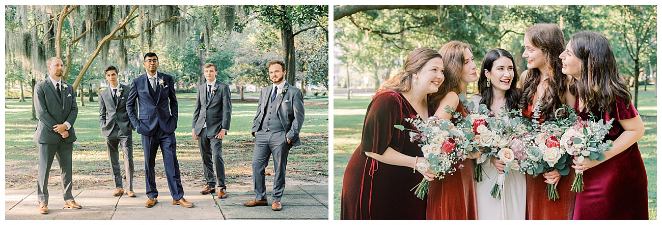 Playful bridal party photos before an intimate Savannah wedding under the trees.