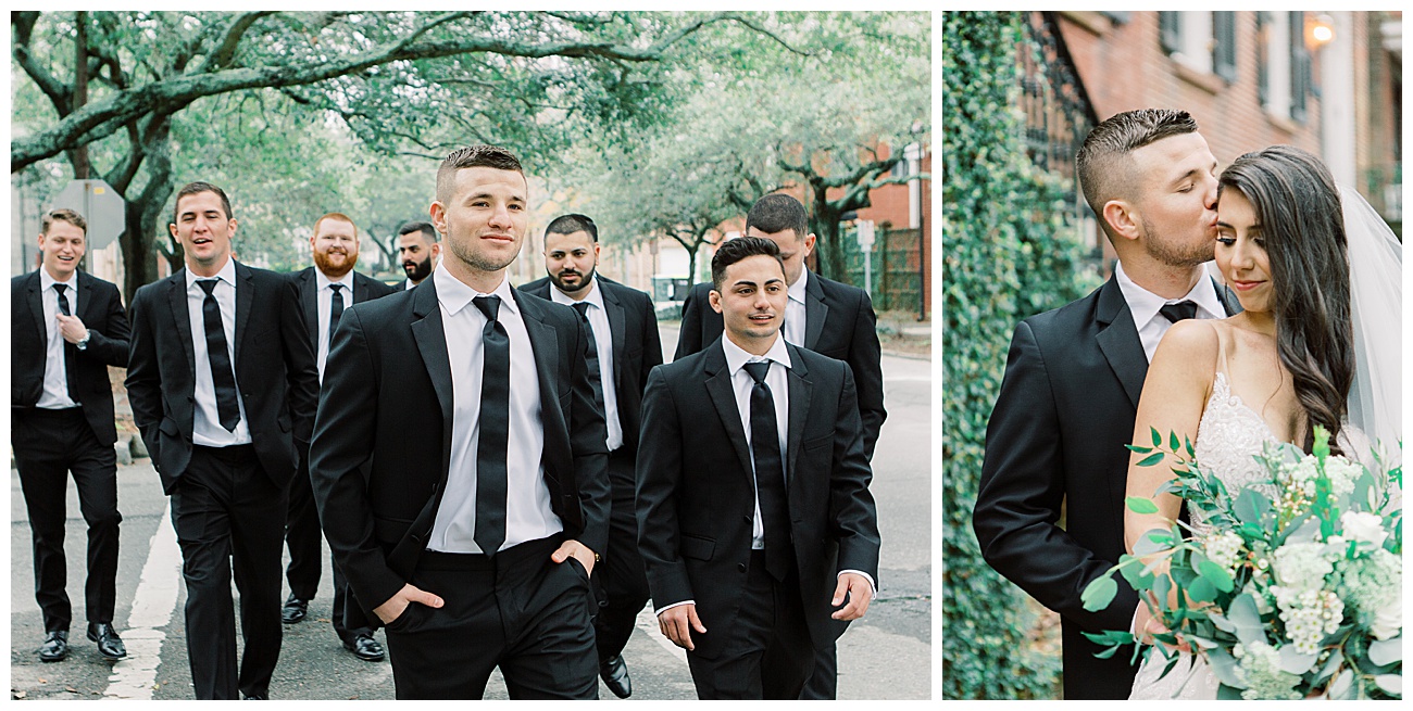 Groomsmen walking in Savannah while wearing black suits and ties and a sweet destination wedding couple kissing