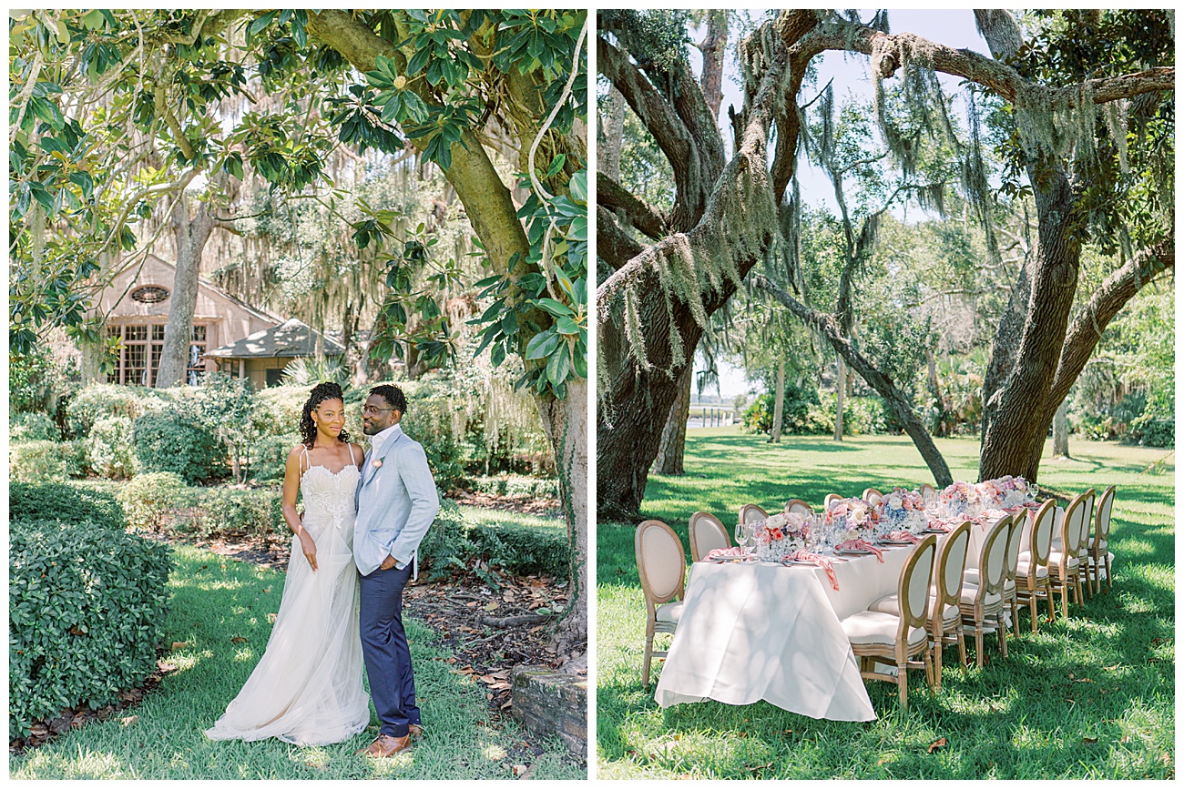 St Simons Island wedding at musgrove retreat with a casual summer bride and groom under the magnolias and live moss.