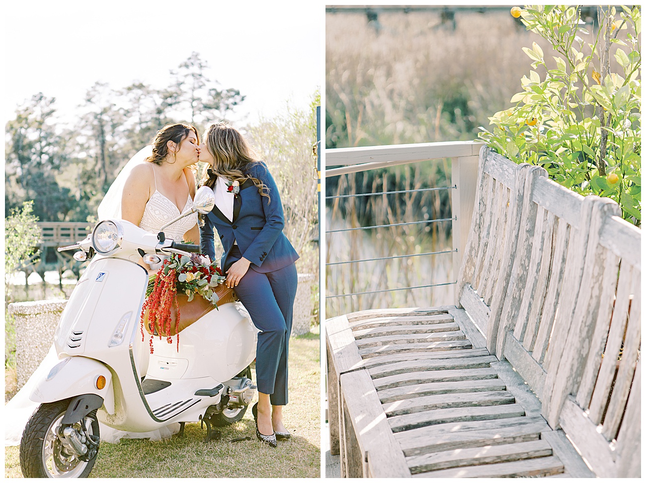 Luxurious lesbian couple portrait with a European vespa moped and rustic chic outdoor seating for the ceremony in Savannah!