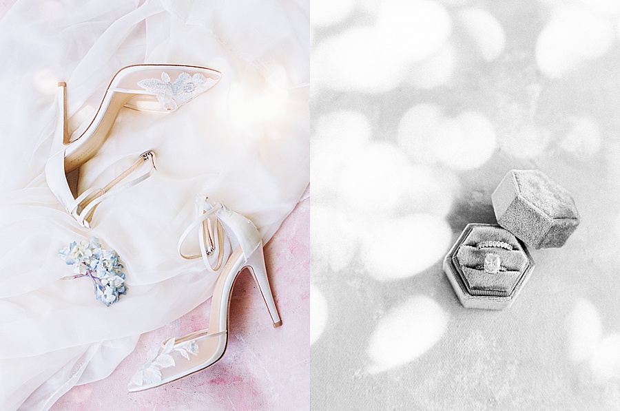 Soft pink and grey fine art wedding details and Bella Belle shoes photographed by Savannah wedding photographer J.J. Au'Clair.