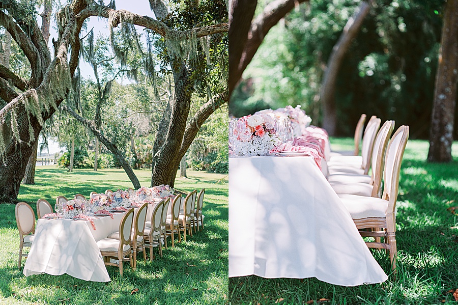Pink and white and blue wedding reception table outdoors for brunch wedding at St. Simon's Island near Savannah by wedding photographer J.J. Au'Clair