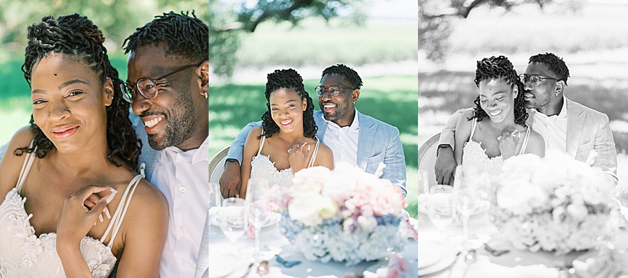 Black bride and groom smiling together in summer wedding wear, including a linen suit and et pour la vie wedding gown at the Musgrove wedding Retreat venue in St. Simons Island near Savannah