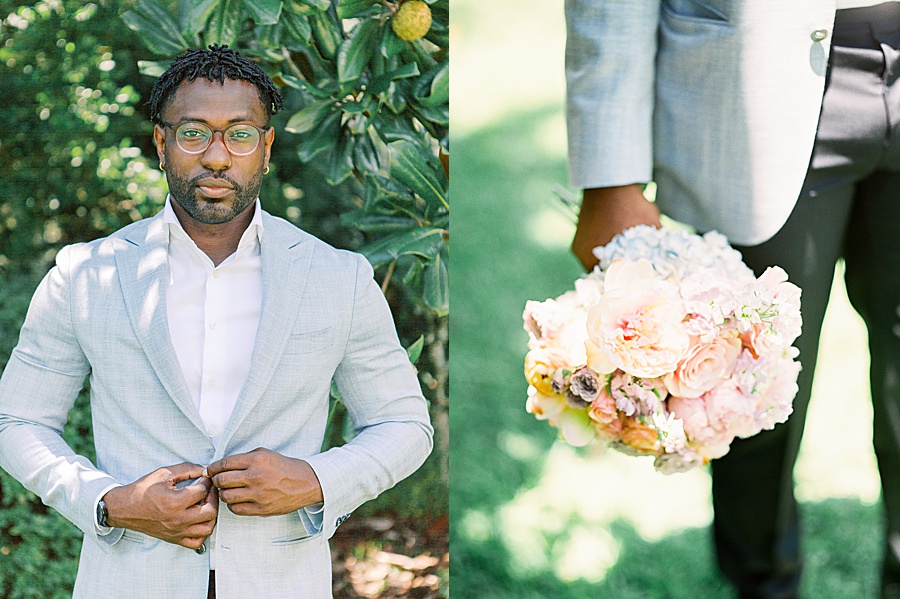 Groom wearing glasses and the Knot Standard blue linen suit getting ready photos before his outdoor summer wedding at the Musgrove wedding venue in Savannah. 