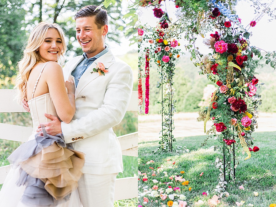 Gorgeous colorful wedding florals and country couture wedding bride wearing Vera Wang bridal and groom wearing linen in Charleston SC.