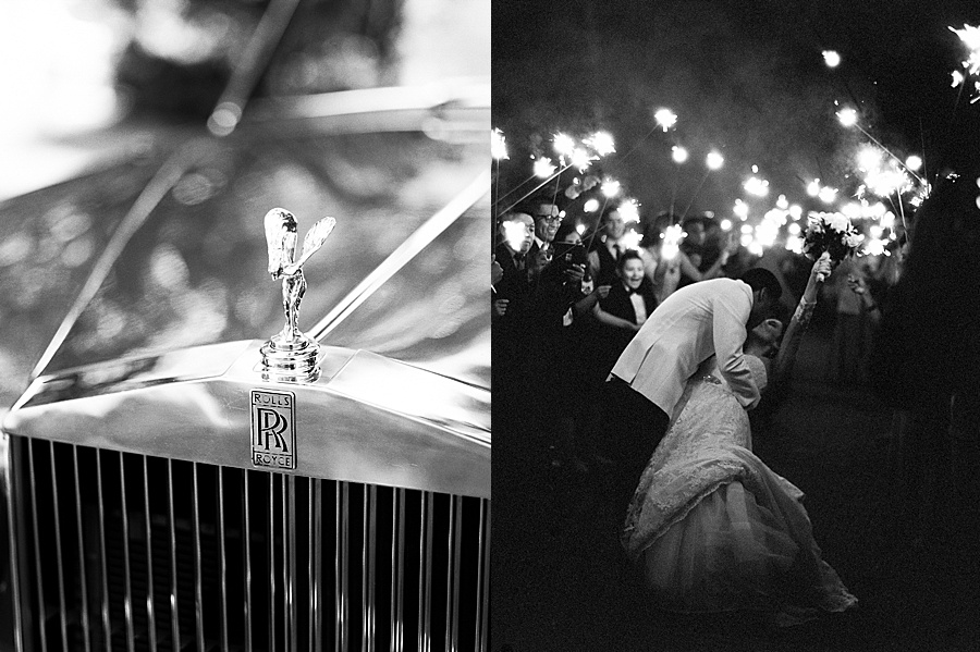 Black and white wedding photography of couple's sparkler exit and Rolls Royce getaway car at the Middleton Place wedding venue in SC