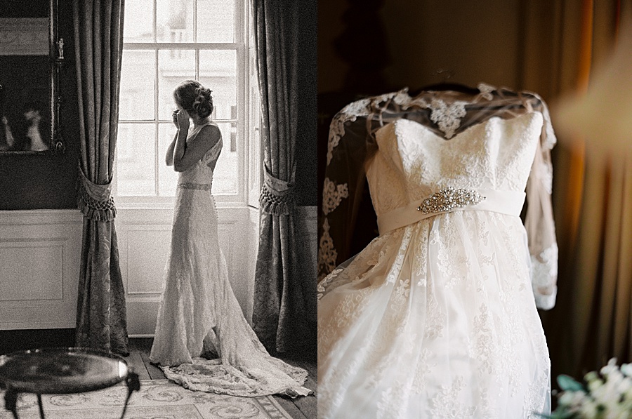 Bride gets ready in a European inspired hotel room featuring a lace gown with beaded features and a crystal belt.