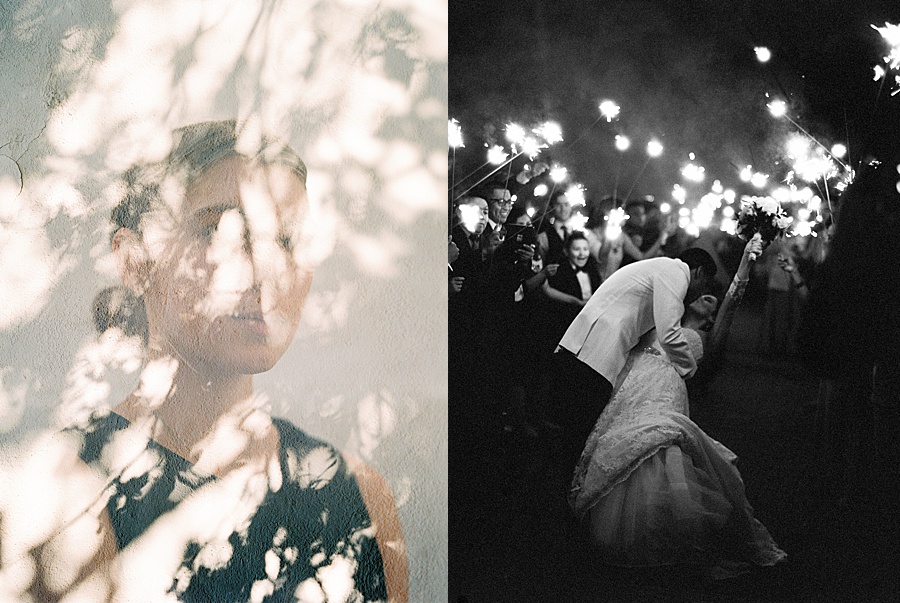 Double exposure portrait and sparkler exit in Mexico, with groom dipping bride for a kiss
