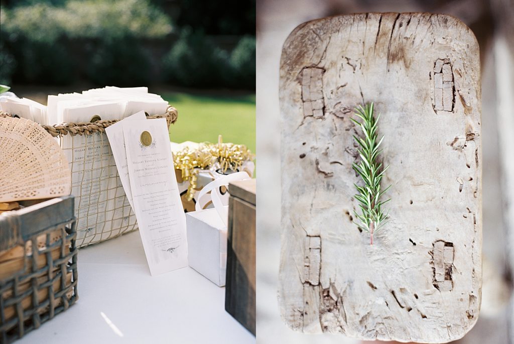 Rosemary greens and gold with white wedding paperie in Santa Barbara wedding venue.